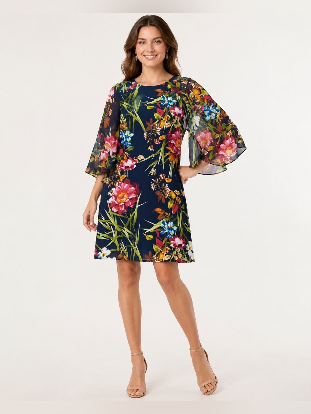 Connected Apparel Navy Floral Flutter Sleeve Shift Dress Size 6